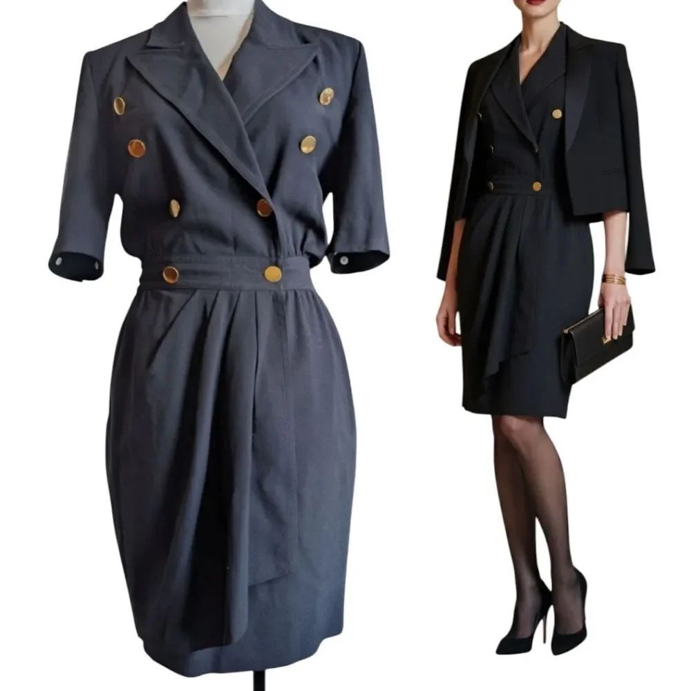 Escada Navy  💯 Virgin Wool Tailored Double Breast Wrap Effect Dress Small